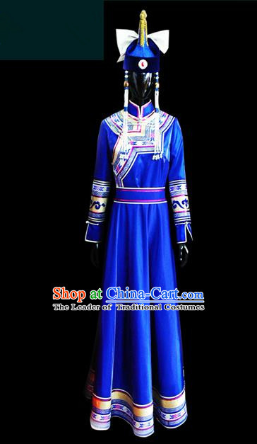 Traditional Chinese Mongol Nationality Dance Costume Female Blue Mongolian Robe, Chinese Mongolian Minority Nationality Princess Embroidery Costume for Women