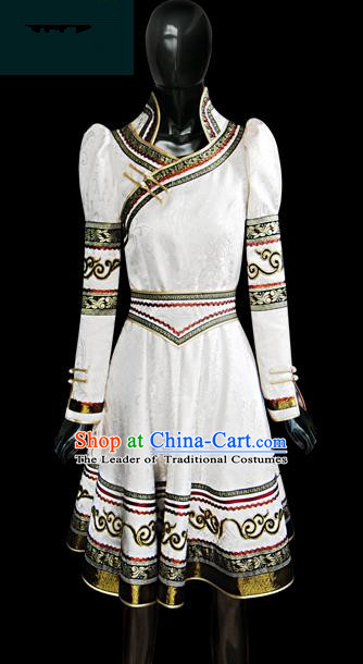 Traditional Chinese Mongol Nationality Dance Costume Female White Mongolian Robe, Chinese Mongolian Minority Nationality Princess Embroidery Costume for Women