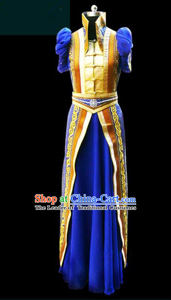 Traditional Chinese Mongol Nationality Dance Costume Female Royalblue Mongolian Robe, Chinese Mongolian Minority Nationality Princess Embroidery Costume for Women