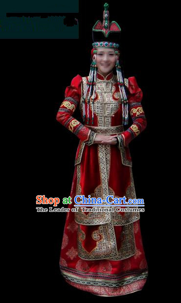 Traditional Chinese Mongol Nationality Costume Queen Red Pleated Dress, Chinese Mongolian Minority Nationality Princess Embroidery Wedding Clothing for Women