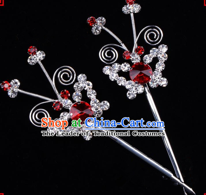 Traditional Beijing Opera Diva Hair Accessories Red Crystal Butterfly Hairpins, Ancient Chinese Peking Opera Hua Tan Hair Stick Headwear