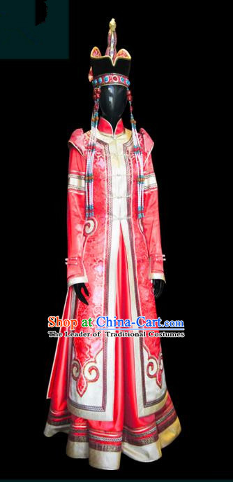 Traditional Chinese Mongol Nationality Dance Costume Female Red Mongolian Robe and Hat, Chinese Mongolian Minority Nationality Embroidery Clothing for Women