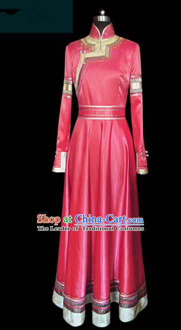 Traditional Chinese Mongol Nationality Dance Costume Princess Red Mongolian Robe, Chinese Mongolian Minority Nationality Embroidery Clothing for Women