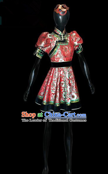 Traditional Chinese Mongol Nationality Dance Costume Red Full Dress, Chinese Mongolian Minority Nationality Princess Mongolian Robe Embroidery Clothing for Women