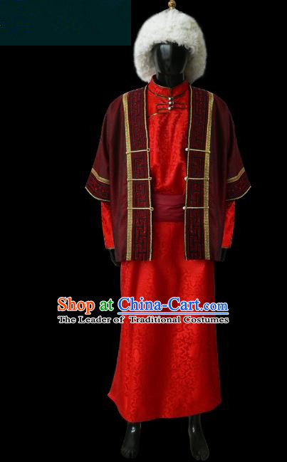 Traditional Chinese Mongol Nationality Dance Costume Bridegroom Mongolian Robe, Chinese Mongolian Minority Nationality Royal Highness Embroidery Costume for Men