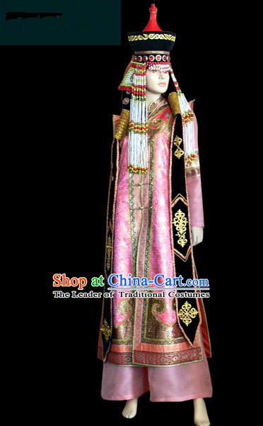 Traditional Chinese Mongol Nationality Dance Costume Female Pink Mongolian Robe, Chinese Mongolian Minority Nationality Princess Embroidery Costume for Women