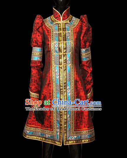 Traditional Chinese Mongol Nationality Dance Costume Female Red Mongolian Robe, Chinese Mongolian Minority Nationality Princess Embroidery Costume for Women