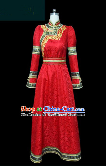 Traditional Chinese Mongol Nationality Dance Costume Female Red Mongolian Robe, Chinese Mongolian Minority Nationality Princess Embroidery Costume for Women