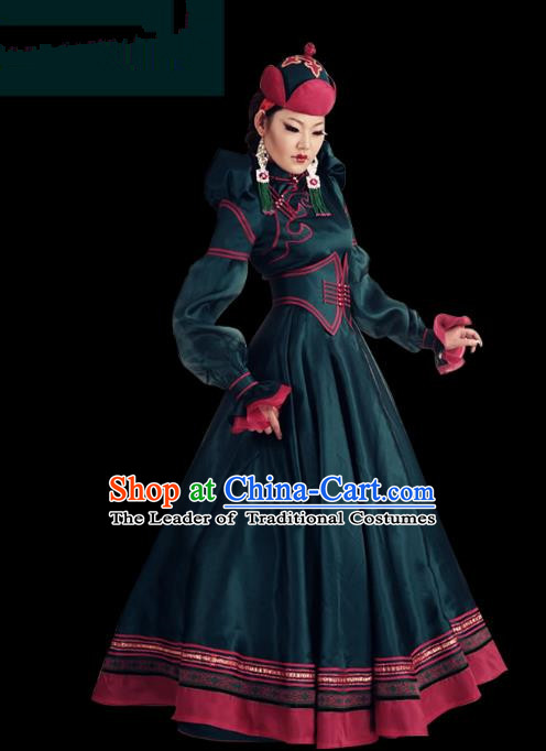 Traditional Chinese Mongol Nationality Dance Costume Palace Lady Green Mongolian Robe, Chinese Mongolian Minority Nationality Princess Embroidery Wedding Costume for Women