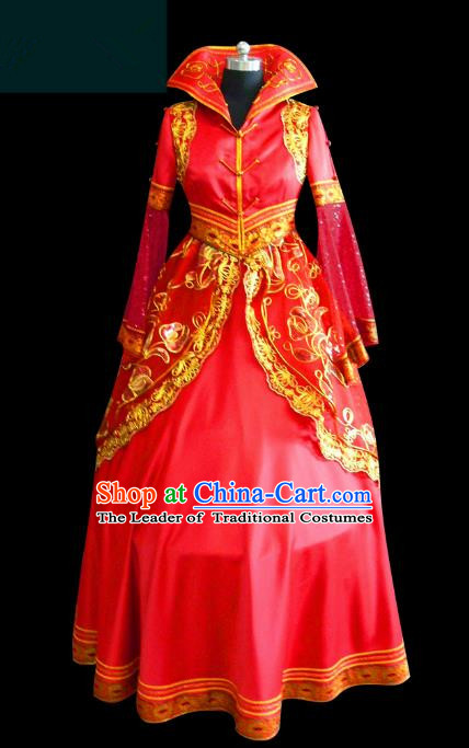 Traditional Chinese Mongol Nationality Dance Costume Palace Lady Red Wedding Mongolian Robe, Chinese Mongolian Minority Nationality Princess Embroidery Costume for Women