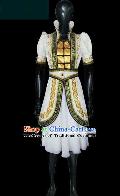 Traditional Chinese Mongol Nationality Dance Costume Young Lady White Mongolian Robe, Chinese Mongolian Minority Nationality Princess Embroidery Costume for Women