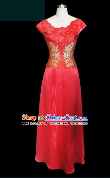 Traditional Chinese Modern Dancing Compere Performance Costume, Opening Classic Chorus Singing Group Dance Red Dress for Women