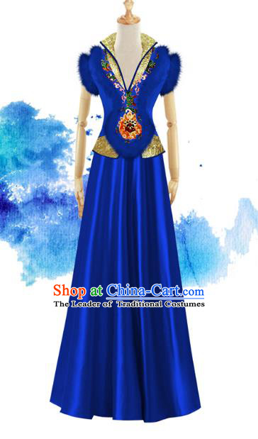 Traditional Chinese Modern Dancing Compere Performance Costume, Opening Classic Chorus Singing Group Dance Blue Dress for Women