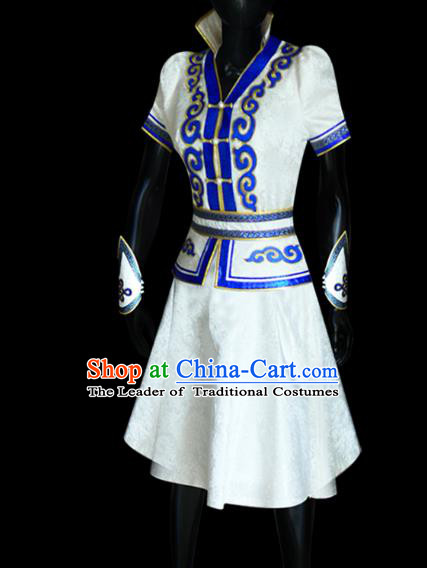 Traditional Chinese Mongol Nationality Dance Costume Mongolian Robe, Chinese Mongolian Minority Nationality Young Lady Embroidery Dress for Women