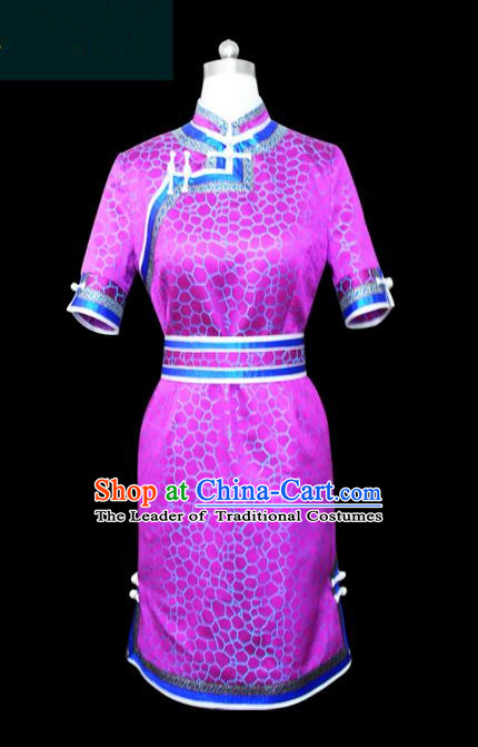 Traditional Chinese Mongol Nationality Dance Costume Purple Mongolian Robe, Chinese Mongolian Minority Nationality Young Lady Embroidery Dress for Women