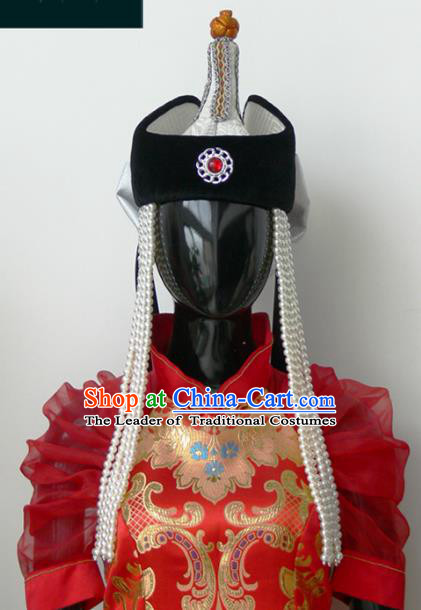 Traditional Chinese Mongol Nationality Princess Hat, Chinese Mongolian Minority Nationality Beads Tassel Headwear for Women