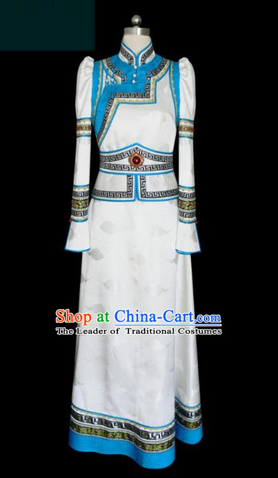 Traditional Chinese Mongol Nationality Dance Costume White Mongolian Robe, Chinese Mongolian Minority Nationality Clothing for Women