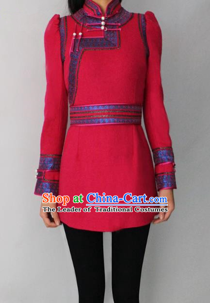 Traditional Chinese Mongol Nationality Dance Costume Rose Red Dress, Chinese Mongolian Minority Nationality Princess Mongolian Robe for Women