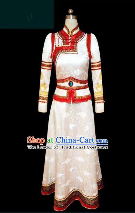 Traditional Chinese Mongol Nationality Dance Costume White Mongolian Robe, Chinese Mongolian Minority Nationality Princess Embroidery Clothing for Women