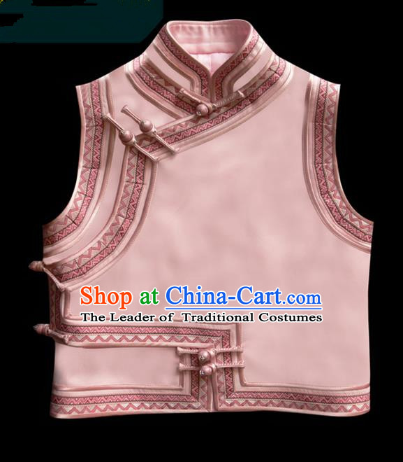 Traditional Chinese Mongol Nationality Dance Costume Pink Vest, Chinese Mongolian Minority Nationality Princess Mongolian Waistcoat for Women