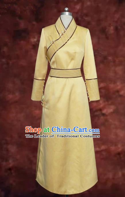 Traditional Chinese Mongol Nationality Bride Wedding Costume, Chinese Mongolian Minority Nationality Wedding Yellow Mongolian Robe for Women