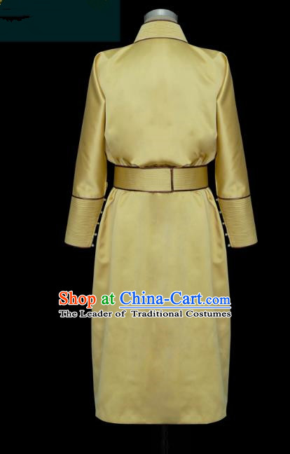 Traditional Chinese Mongol Nationality Costume Yellow Dress, Chinese Mongolian Minority Nationality Princess Mongolian Robe for Women