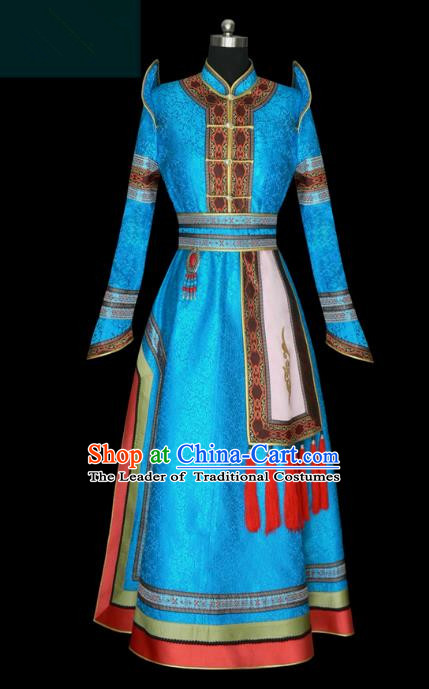 Traditional Chinese Mongol Nationality Costume Princess Blue Mongolian Robe, Chinese Mongolian Minority Nationality Wedding Dress Clothing for Women