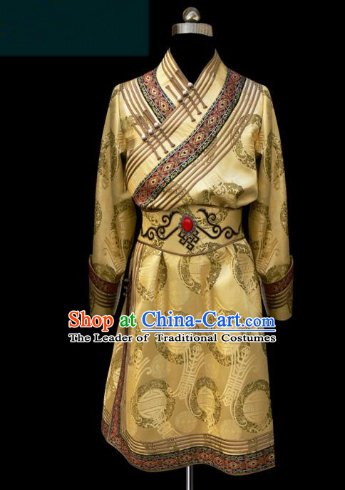 Traditional Chinese Mongol Nationality Costume Golden Mongolian Robe, Chinese Mongolian Minority Nationality Clothing for Men