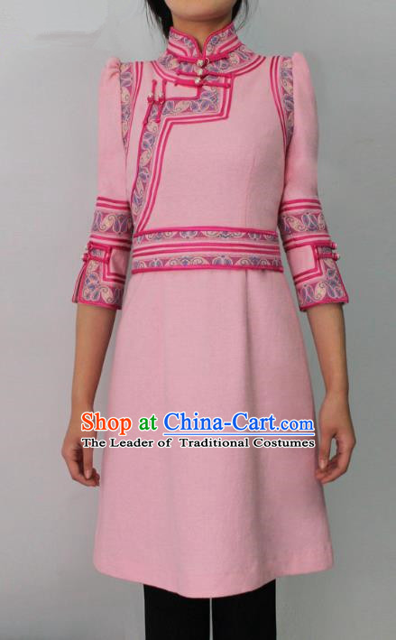 Traditional Chinese Mongol Nationality Costume Pink Short Dress Mongolian Robe, Chinese Mongolian Minority Nationality Dance Clothing for Women