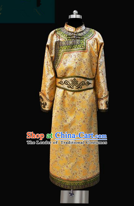 Traditional Chinese Mongol Nationality Dance Costume Golden Mongolian Robe, Chinese Mongolian Minority Nationality Royal Highness Embroidery Costume for Men