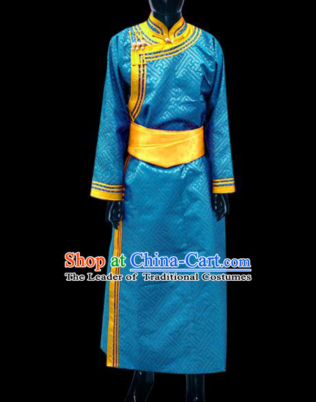 Traditional Chinese Mongol Nationality Dance Costume Wedding Clothing, Chinese Mongolian Minority Nationality Bridegroom Light Blue Mongolian Robe for Men