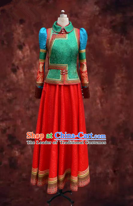 Traditional Chinese Mongol Nationality Dance Costume Female Red Pleated Skirt, Chinese Mongolian Minority Nationality Princess Embroidery Mongolian Robe for Women