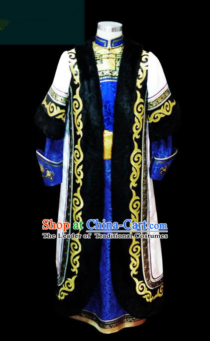 Traditional Chinese Mongol Nationality Dance Costume King Blue Mongolian Robe, Chinese Mongolian Minority Nationality Bridegroom Embroidery Costume for Men