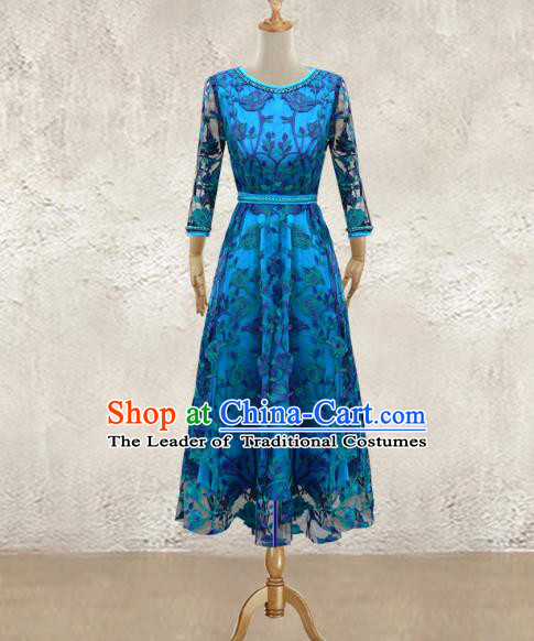 Traditional Chinese National Costume Elegant Hanfu Blue Long Dress, China Tang Suit Plated Buttons Chirpaur Lace Cheongsam Qipao for Women