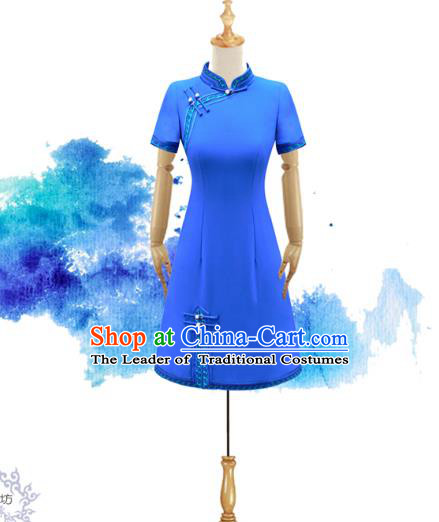 Traditional Chinese National Costume Elegant Hanfu Blue Dress, China Tang Suit Plated Buttons Chirpaur Cheongsam Qipao for Women