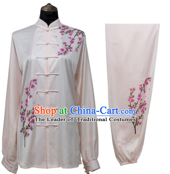 Top Kung Fu Costume Martial Arts Costume Kung Fu Training Light Pink Uniform, Gongfu Shaolin Wushu Embroidery Plum Blossom Tai Ji Clothing for Women