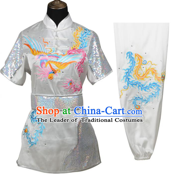 Top Kung Fu Costume Martial Arts Costume Kung Fu Training White Uniform, Gongfu Shaolin Wushu Embroidery Dragon and Phoenix Tai Ji Clothing for Women