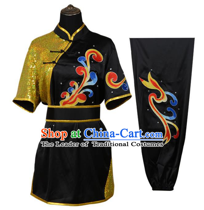 Top Kung Fu Costume Martial Arts Costume Kung Fu Training Black Uniform, Gongfu Shaolin Wushu Embroidery Tai Ji Clothing for Women