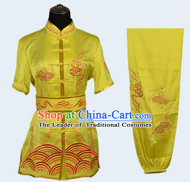 Top Kung Fu Costume Martial Arts Costume Kung Fu Training Yellow Uniform, Gongfu Shaolin Wushu Embroidery Tai Ji Clothing for Women