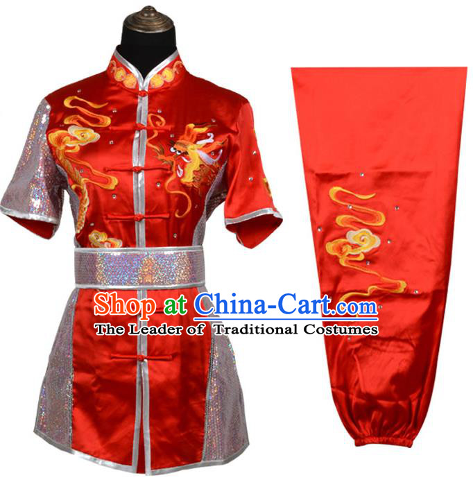 Top Kung Fu Costume Martial Arts Costume Kung Fu Training Red Rhinestone Uniform, Gongfu Shaolin Wushu Embroidery Tai Ji Clothing for Women