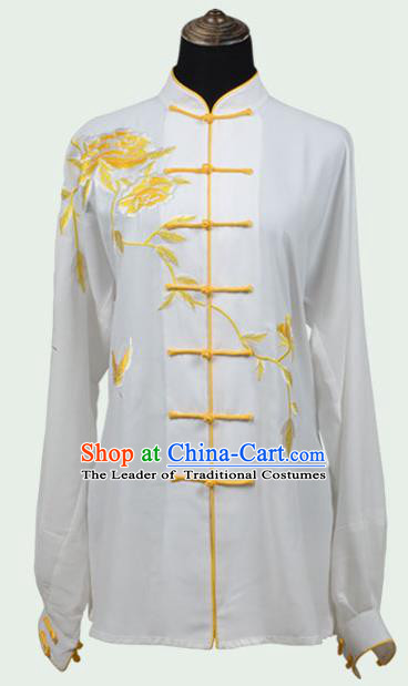 Top Kung Fu Costume Martial Arts Costume Kung Fu Training Plated Buttons Uniform, Gongfu Shaolin Wushu Embroidery Peony Tai Ji Clothing for Women for Men