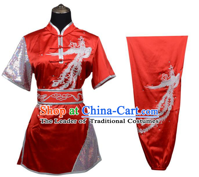 Top Kung Fu Costume Martial Arts Costume Kung Fu Training Plated Buttons Red Uniform, Gongfu Shaolin Wushu Embroidery Phoenix Tai Ji Clothing for Women for Men