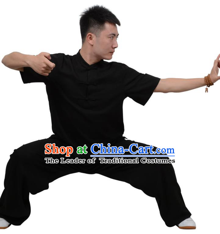 Top Kung Fu Linen Costume Martial Arts Costume Kung Fu Training Plated Buttons Black Uniform, Gongfu Shaolin Wushu Tai Ji Clothing for Women for Men