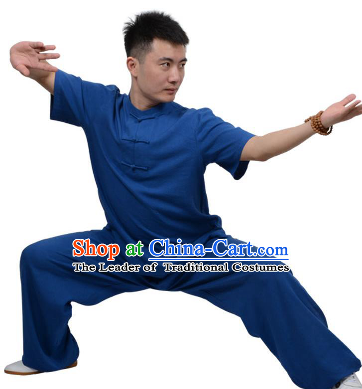 Top Kung Fu Linen Costume Martial Arts Costume Kung Fu Training Plated Buttons Blue Uniform, Gongfu Shaolin Wushu Tai Ji Clothing for Women for Men