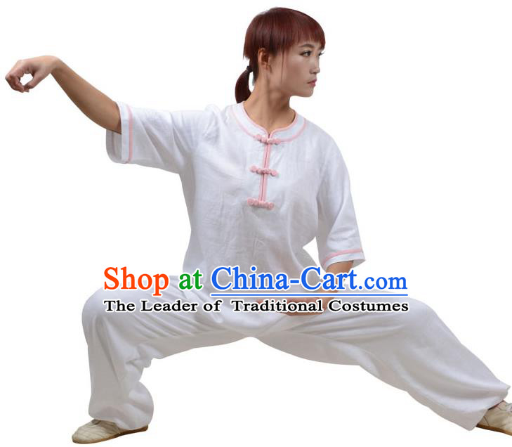 Top Kung Fu Linen Costume Martial Arts Costume Kung Fu Training Pink Plated Buttons White Uniform, Gongfu Shaolin Wushu Tai Ji Clothing for Women for Men