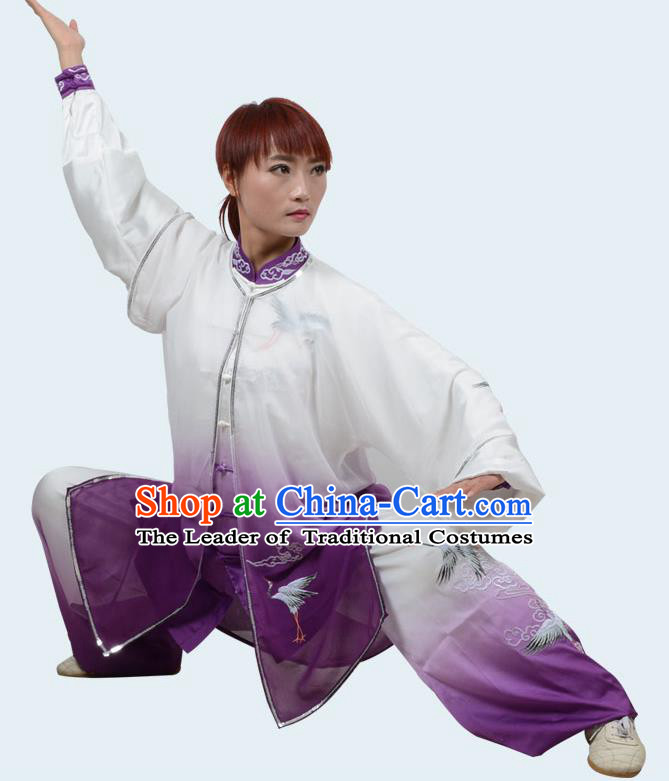 Top Kung Fu Costume Martial Arts Costume Kung Fu Training Gradient Purple Uniform, Gongfu Shaolin Wushu Embroidery Crane Tai Ji Clothing for Women for Men