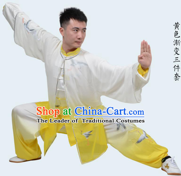 Top Kung Fu Costume Martial Arts Costume Kung Fu Training Gradient Yellow Uniform, Gongfu Shaolin Wushu Embroidery Crane Tai Ji Clothing for Women for Men