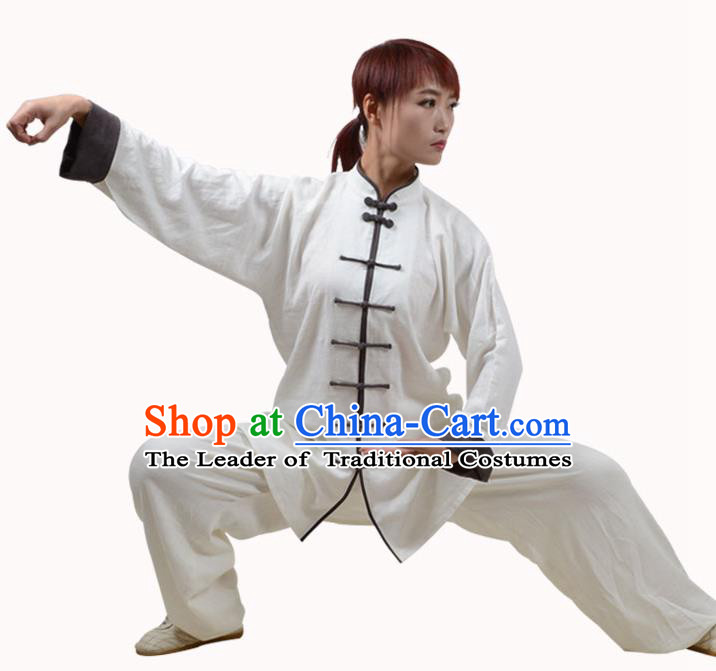 Top Kung Fu Linen Costume Martial Arts Costume Kung Fu Training White Shirt and Pants, Tai Ji Plated Buttons Uniform Gongfu Wushu Clothing for Women for Men