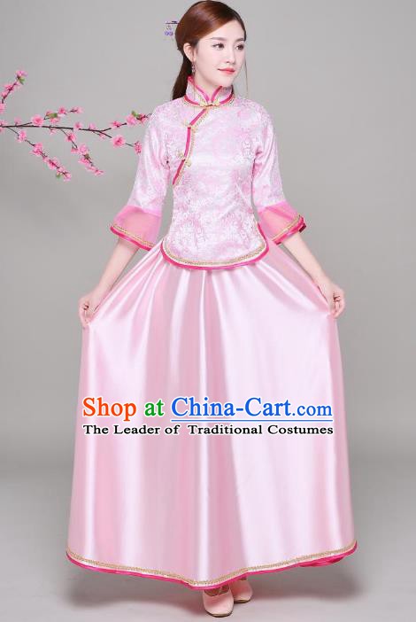 Traditional Chinese Republic of China Nobility Lady Clothing, China National Embroidered Pink Blouse and Skirt for Women