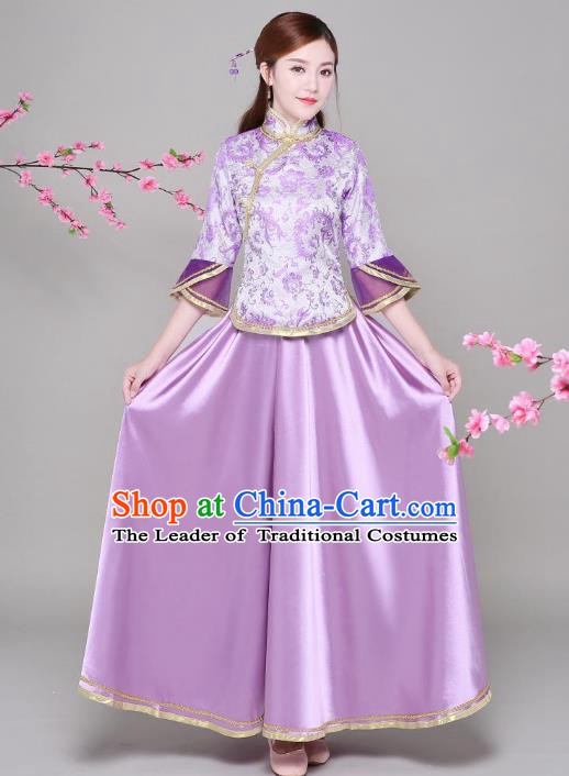 Traditional Chinese Republic of China Nobility Lady Clothing, China National Embroidered Purple Blouse and Skirt for Women